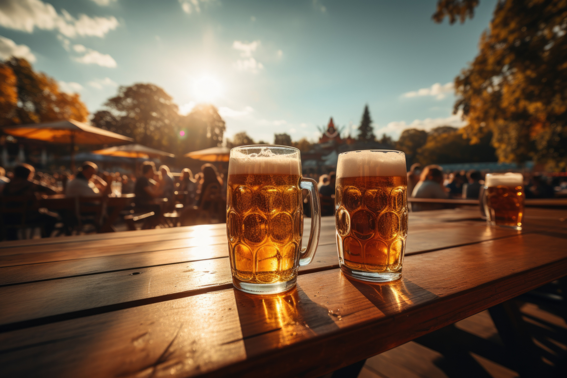 The golden hue of freshly poured beer catching the sunlight, a quintessential sight at Oktoberfest. Generative Ai.