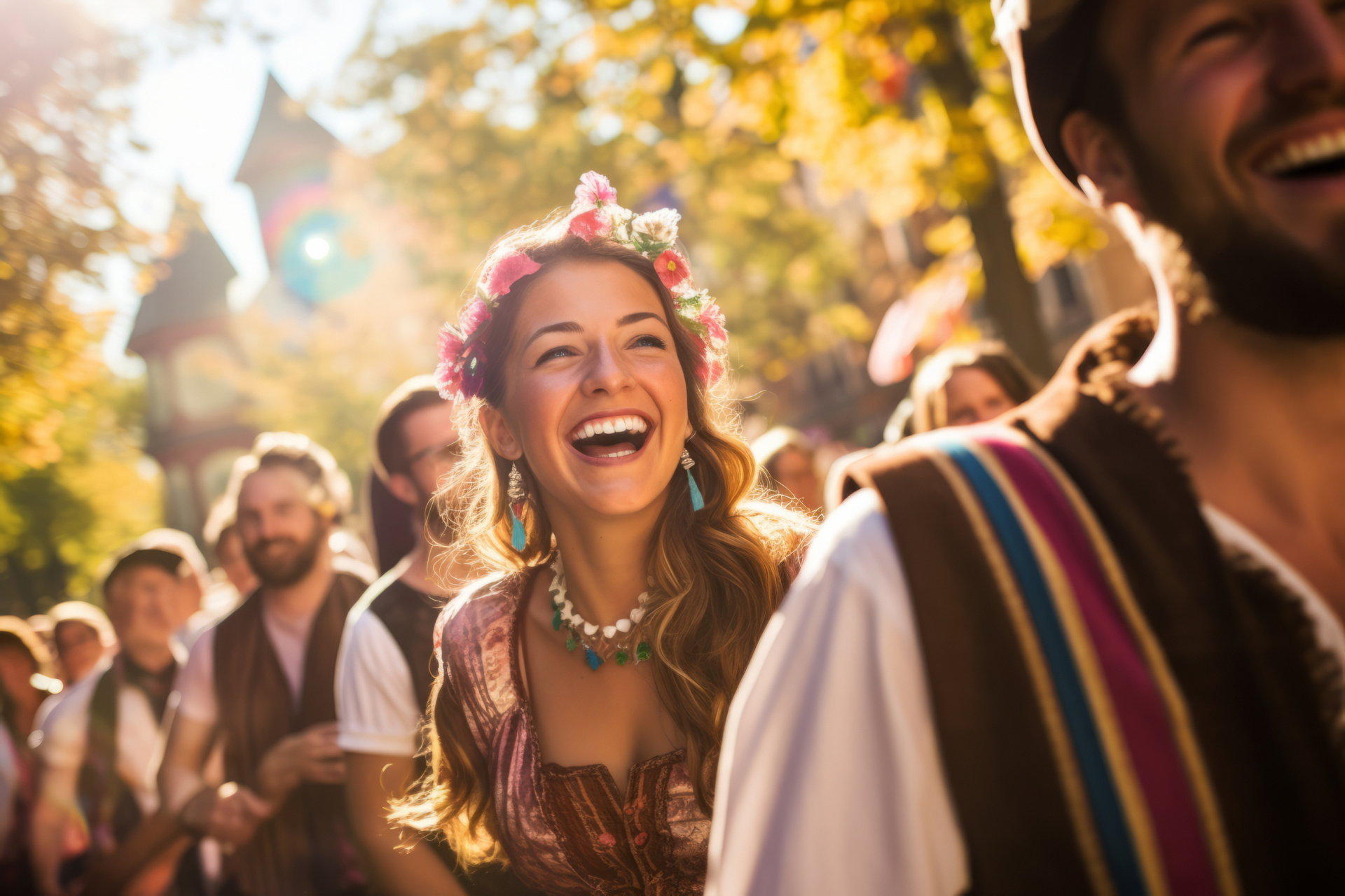 Beautiful young cheerful people wearing national costumes participating in traditional Oktoberfest parade in German town. Beautiful young cheerful people wearing national costumes participating in traditional Oktoberfest parade in German town.